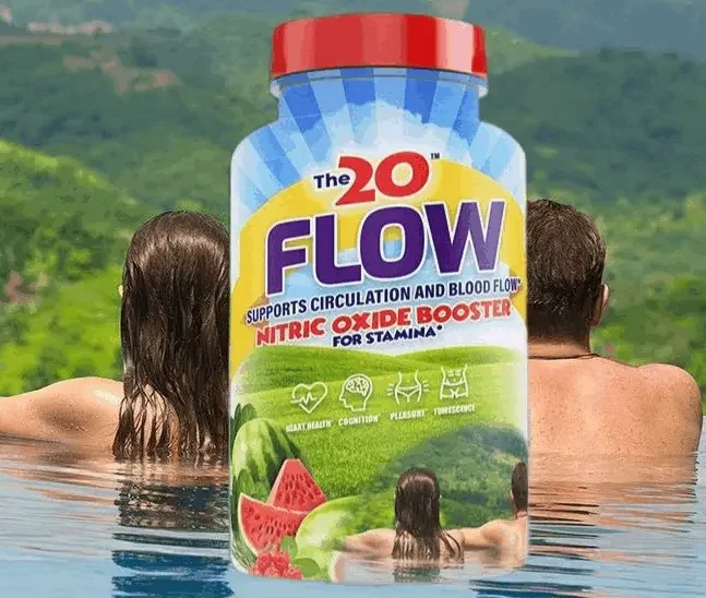 The 20 FLOW nitric oxide booster bottle with a couple relaxing in an infinity pool