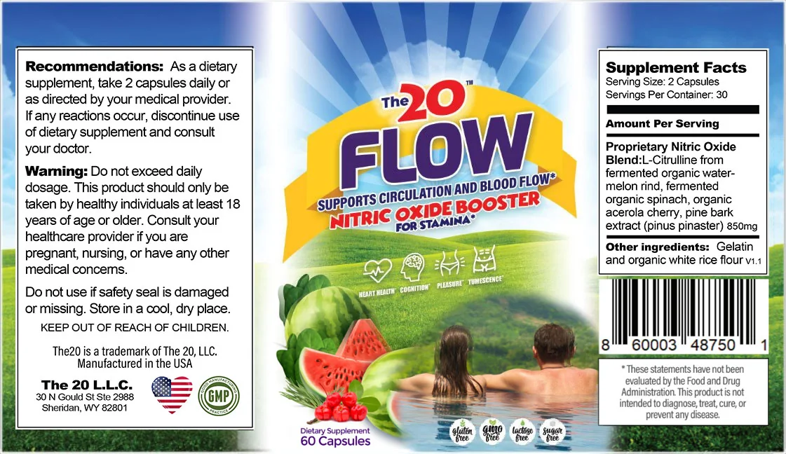 The 20 FLOW supplement facts label showing the 850 mg proprietary nitric oxide blend